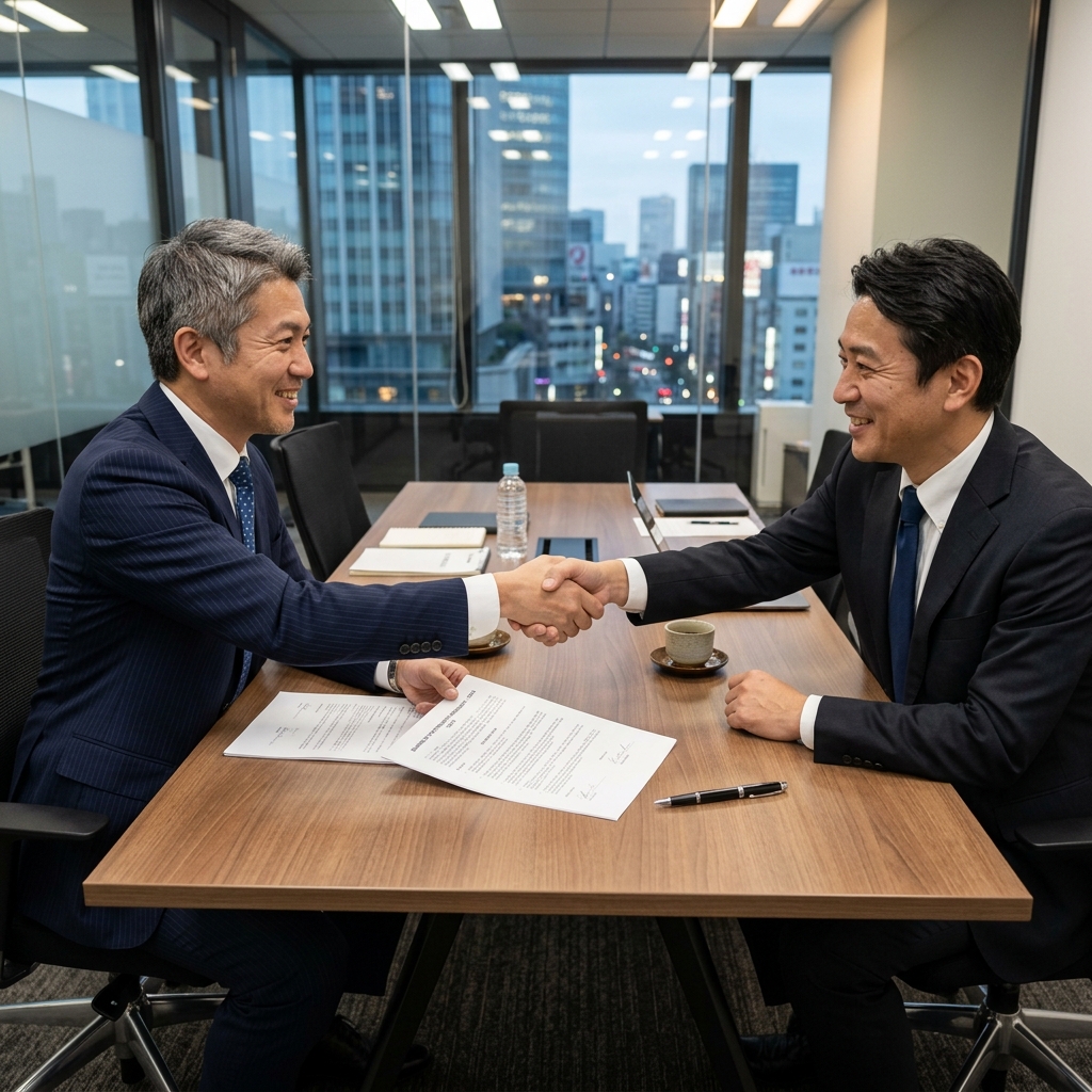 単価交渉シーン：ビジネスパーソン同士が契約書を前に握手